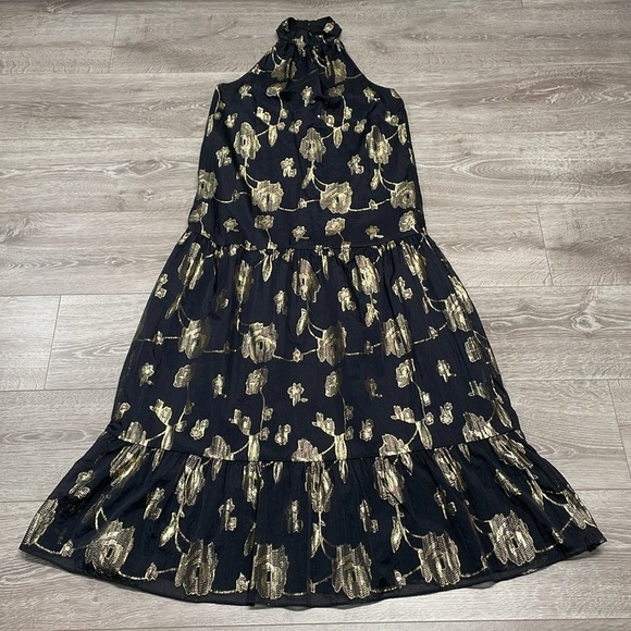 NWOT Express Halter Tiered Maxi Dress Black and Metallic Gold Floral Rose XS - Picture 8 of 15